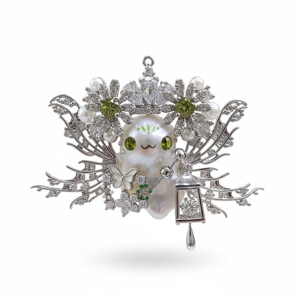 Handmade baroque pearl fairy pendant on white background