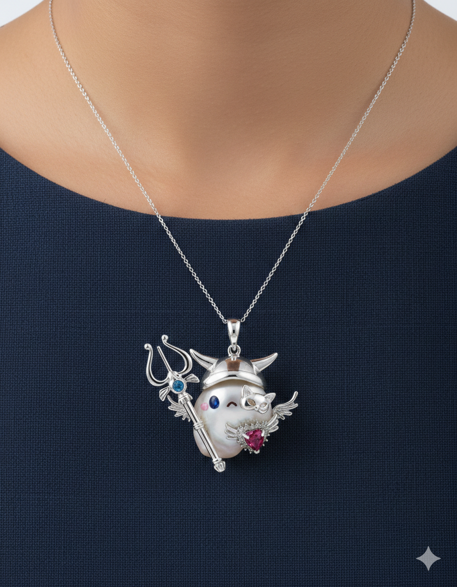 Model wearing fantasy pearl knight statement necklace