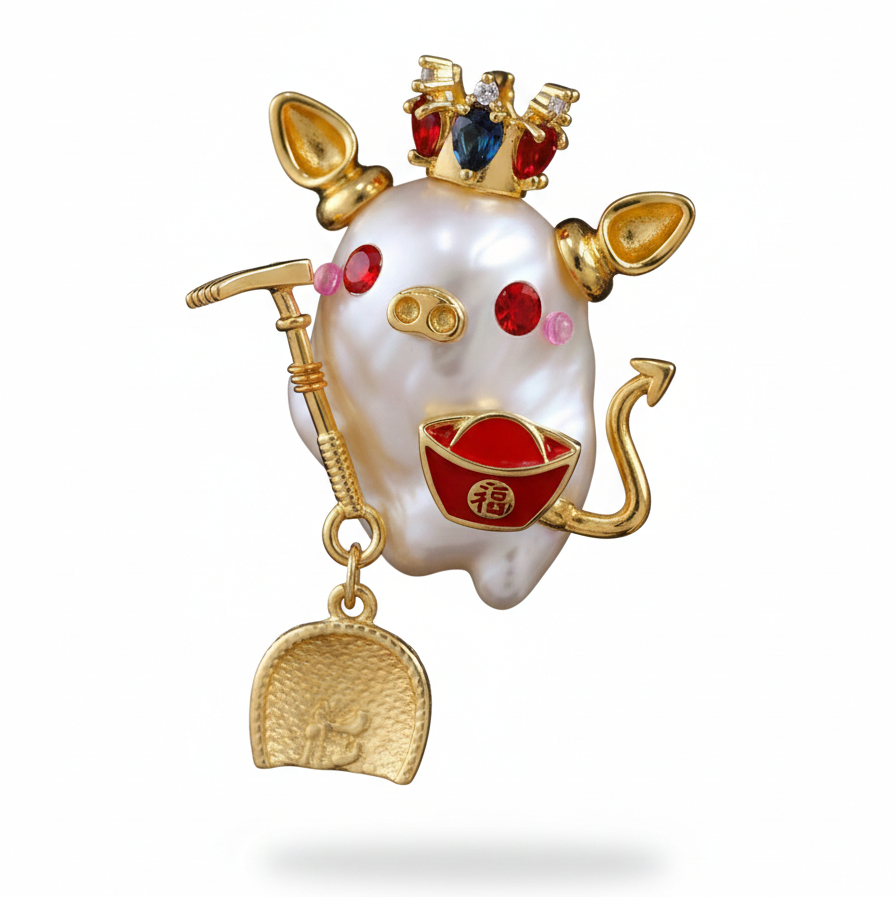 Handmade baroque pearl pig pendant on white background