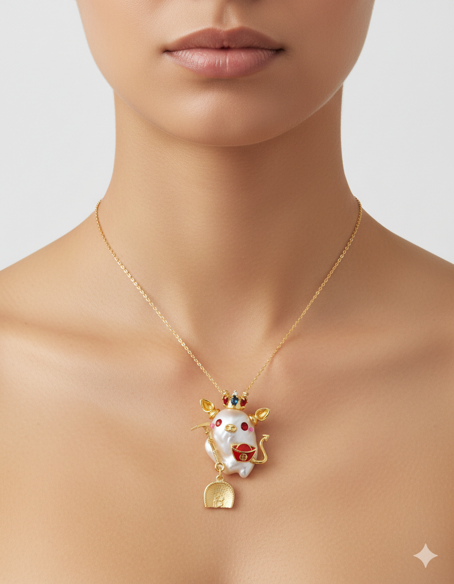 Model wearing lucky pig pearl statement necklace