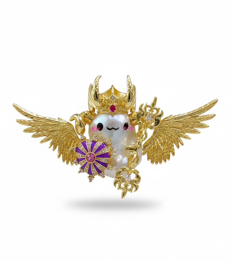 Handmade winged pearl knight pendant on white background