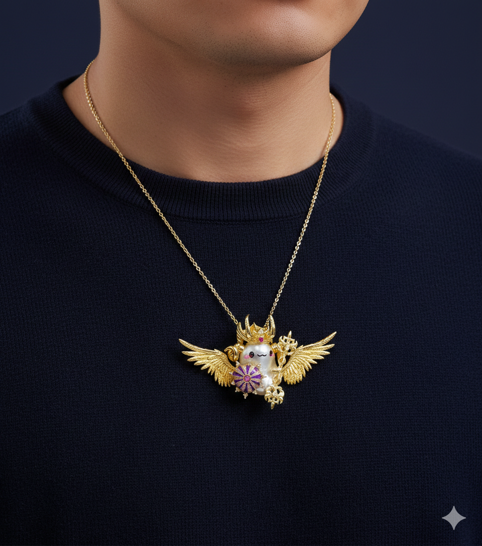 Model wearing winged pearl knight necklace