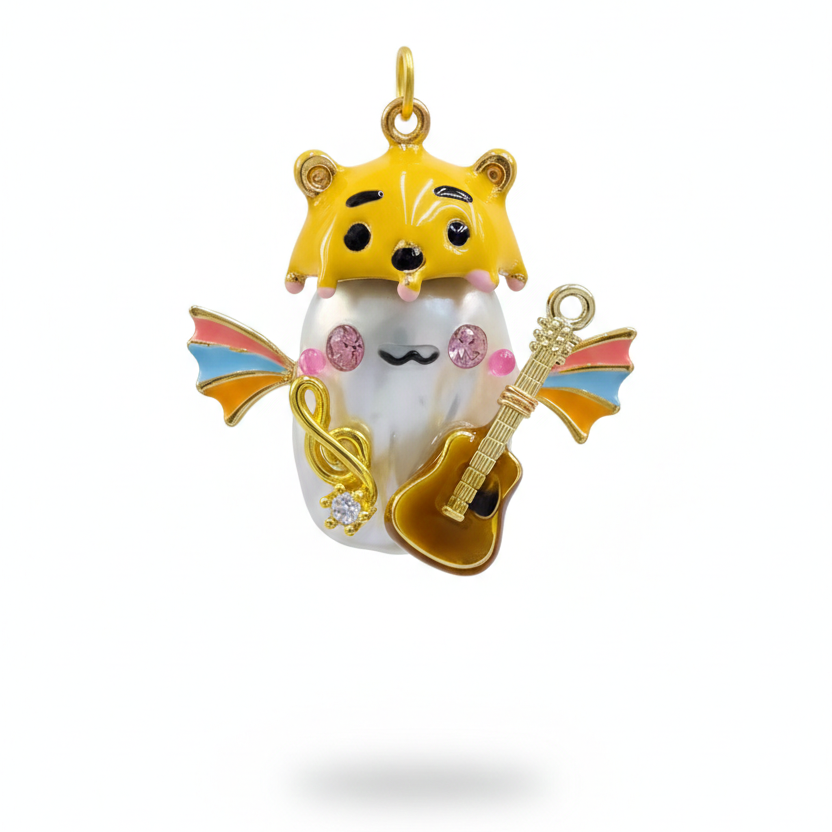 Handmade baroque pearl bear musician pendant on white background