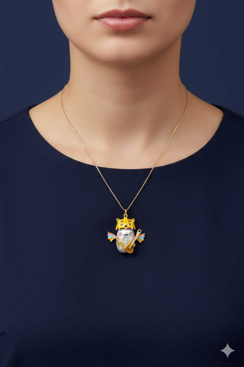 Model wearing baroque pearl character necklace by Zorapearls