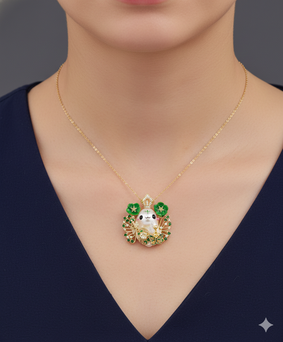 Model wearing pearl fairy necklace by Zorapearls