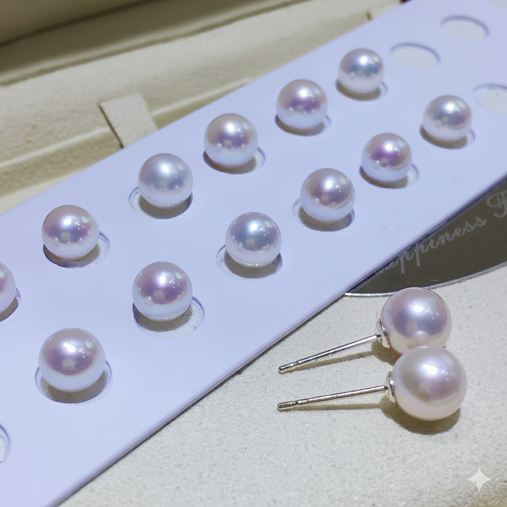 Pearl stud earrings displayed on natural textured surface