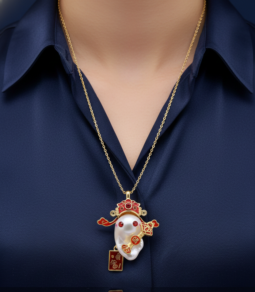 Wealth gold baroque pearl necklace pendant worn on model