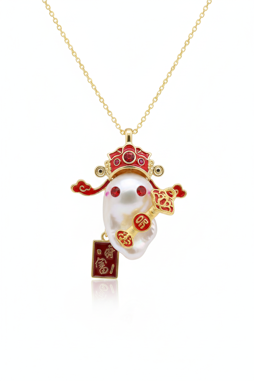 Wealth gold baroque pearl pendant handmade gold plated brass on white background