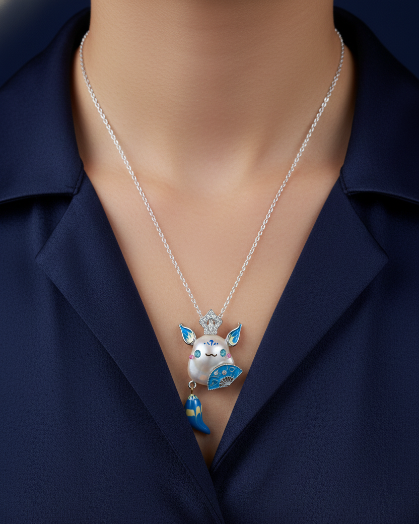 Statement fox baroque pearl necklace pendant worn on model