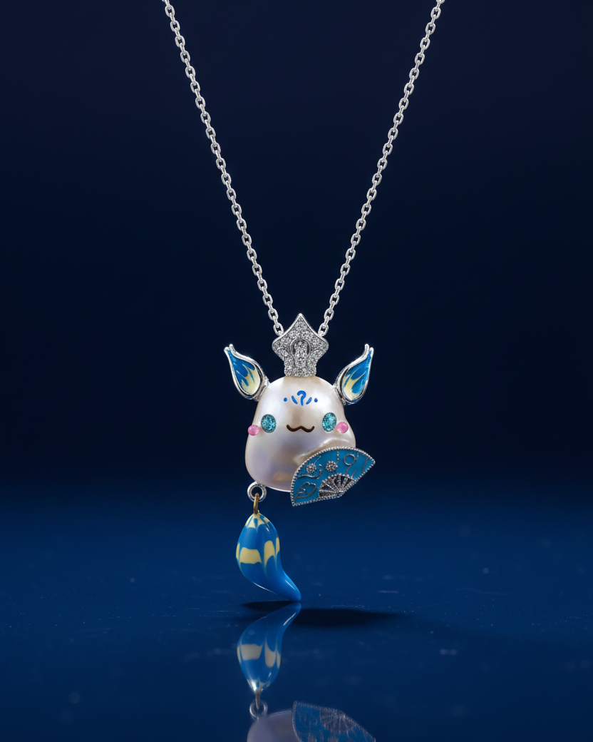 Creative fox baroque pearl pendant with blue enamel details