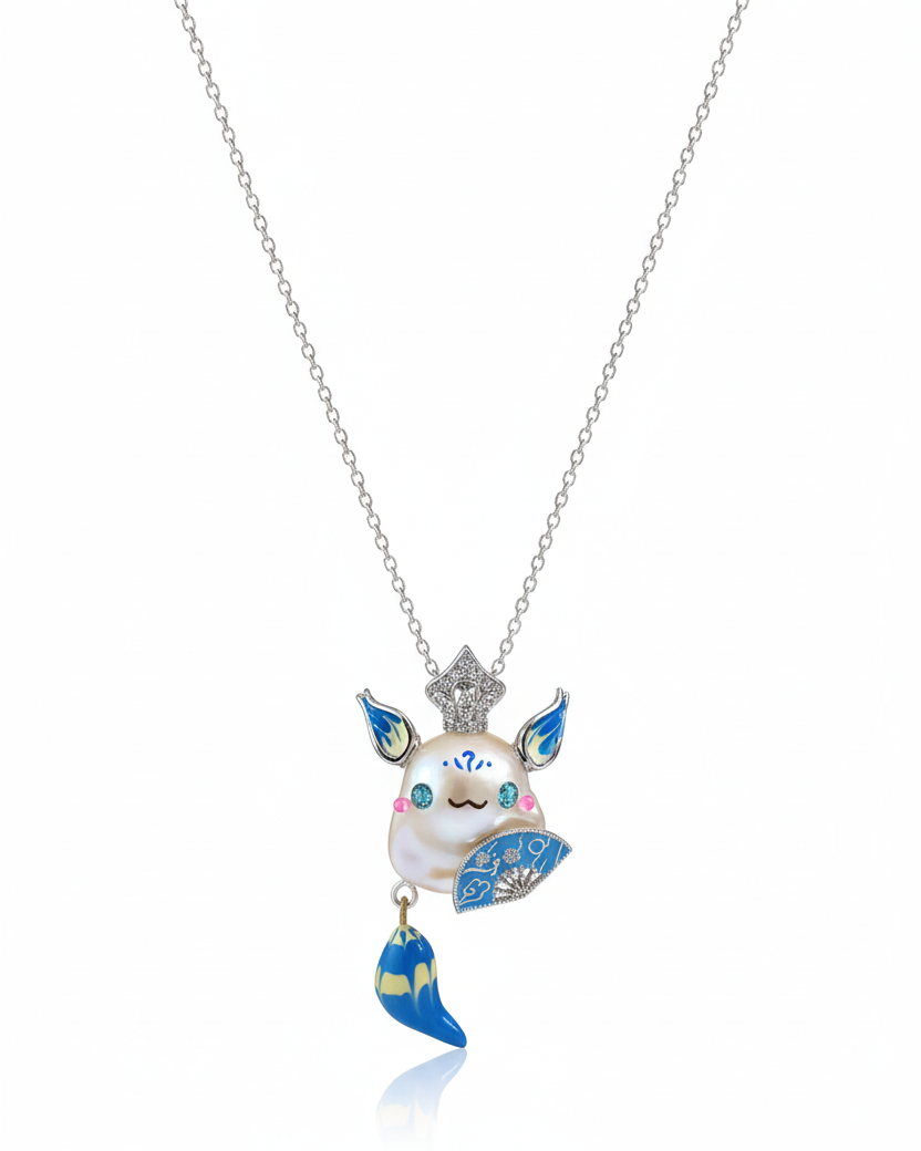 Azure fox baroque pearl pendant handmade statement jewelry on white background