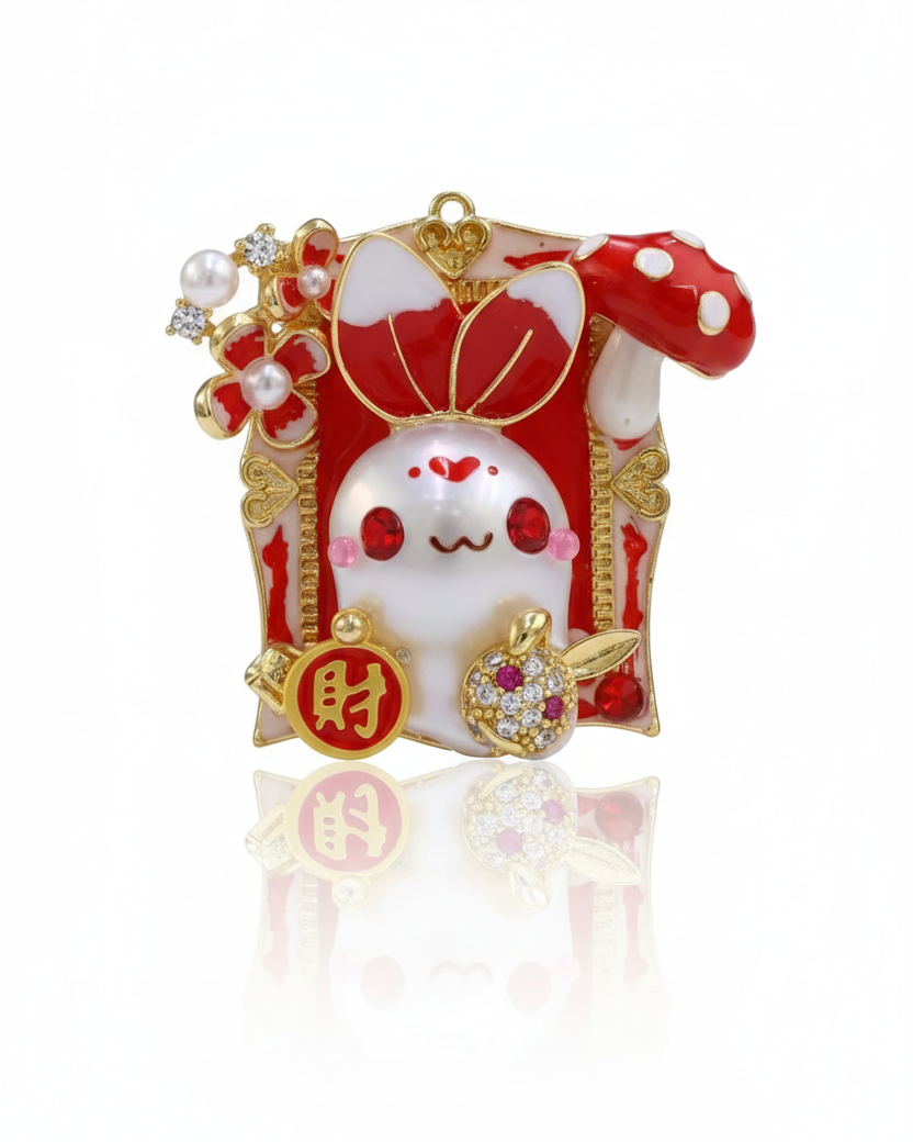 Fortune bunny baroque pearl pendant handmade statement jewelry on white background
