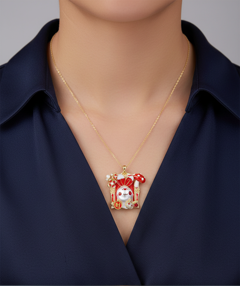 Statement bunny baroque pearl pendant worn as necklace on model