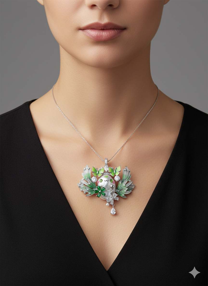 Emerald Wing Baroque Pearl Guardian Pendant
