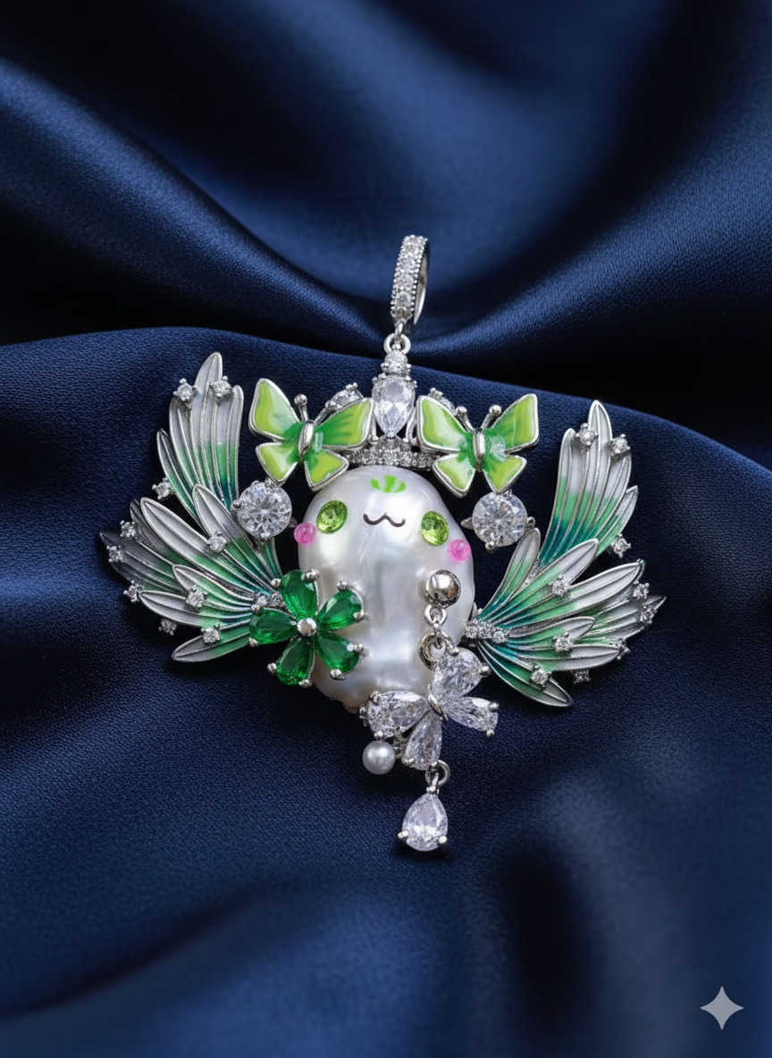 Emerald Wing Baroque Pearl Guardian Pendant