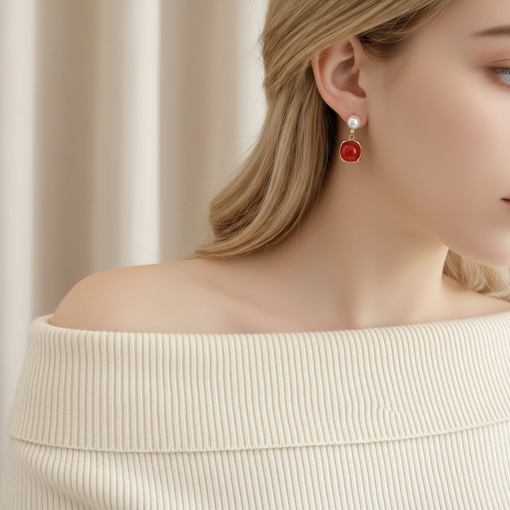 Red Agate Freshwater Pearl Drop Earrings
