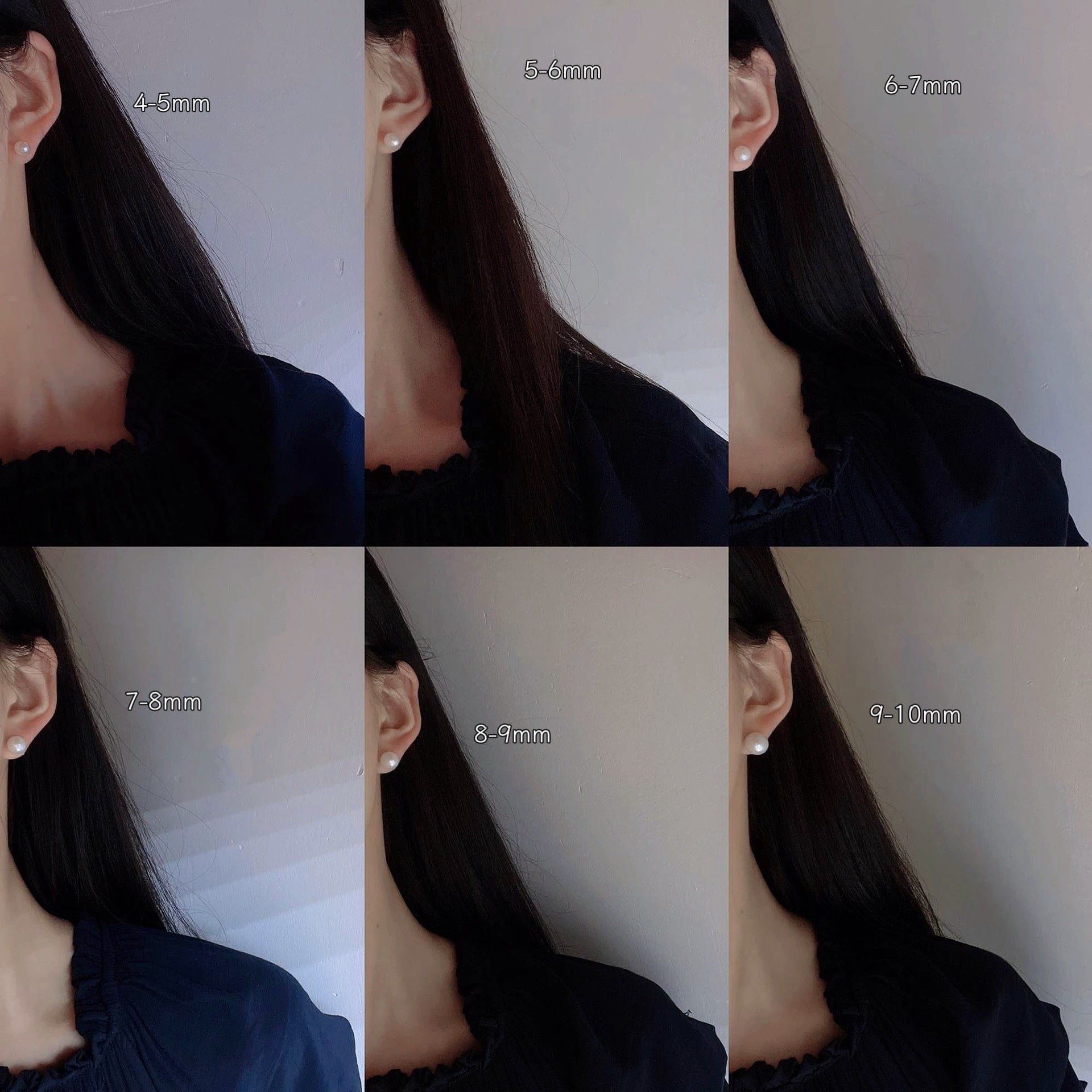 Different sizes pearl stud earrings worn on model ear