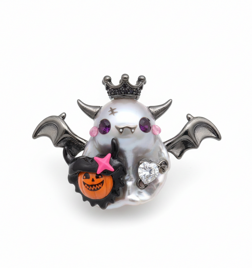 Ghost character with bat wings and pumpkin, wearing a crown, on a white background