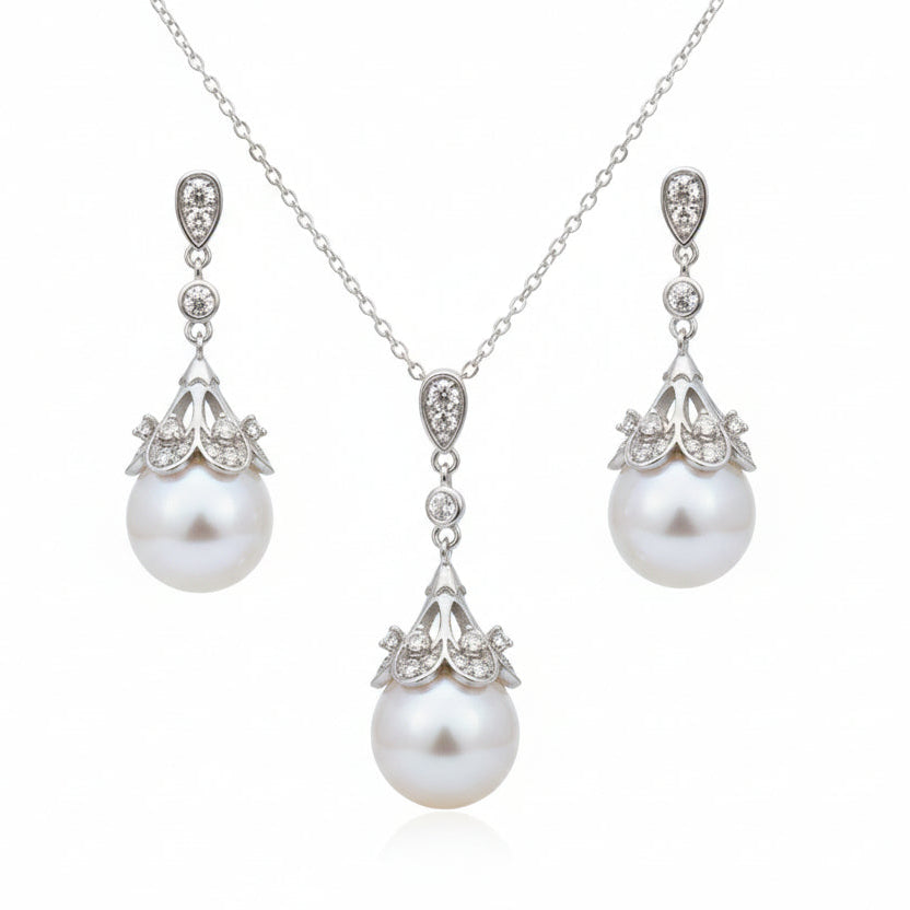 Freshwater pearl jewelry set on white background sterling silver