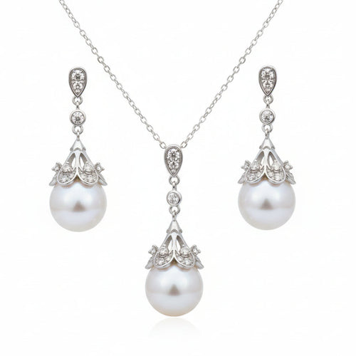 Freshwater pearl jewelry set on white background sterling silver
