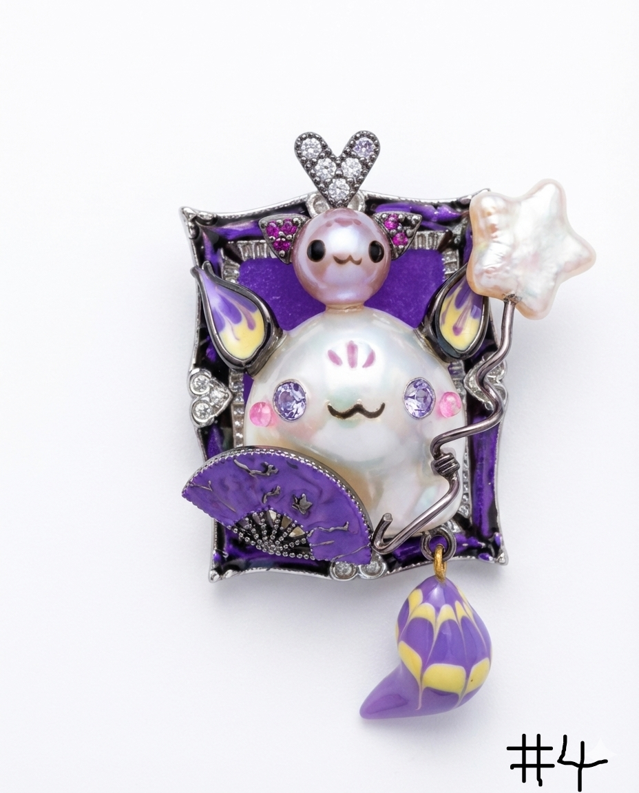 Decorative brooch with a cartoonish ghost character on a white background