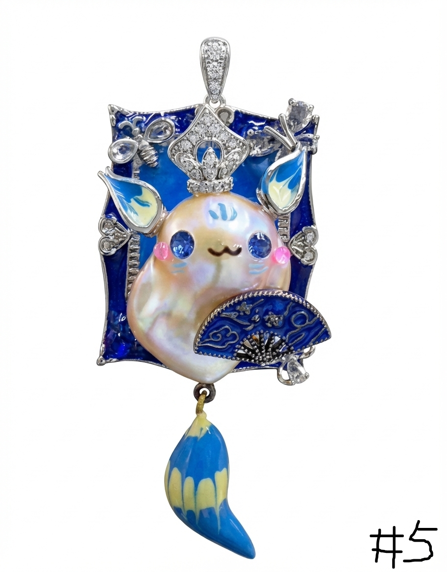 Decorative pendant with a central pearl-like design on a blue background
