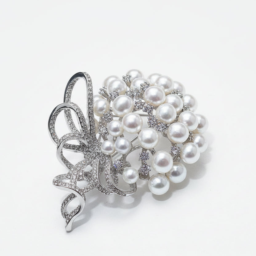 Silver Ribbon Pearl Brooch