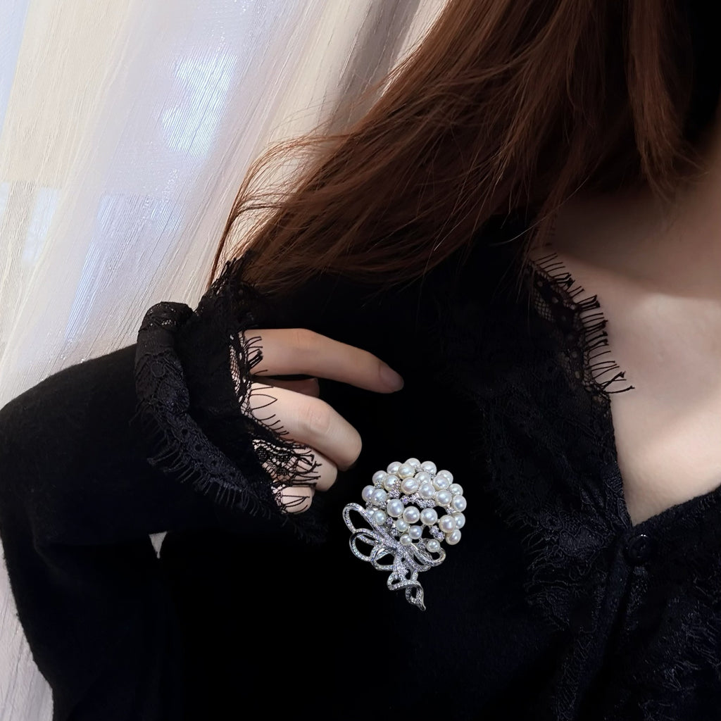 Silver Ribbon Pearl Brooch