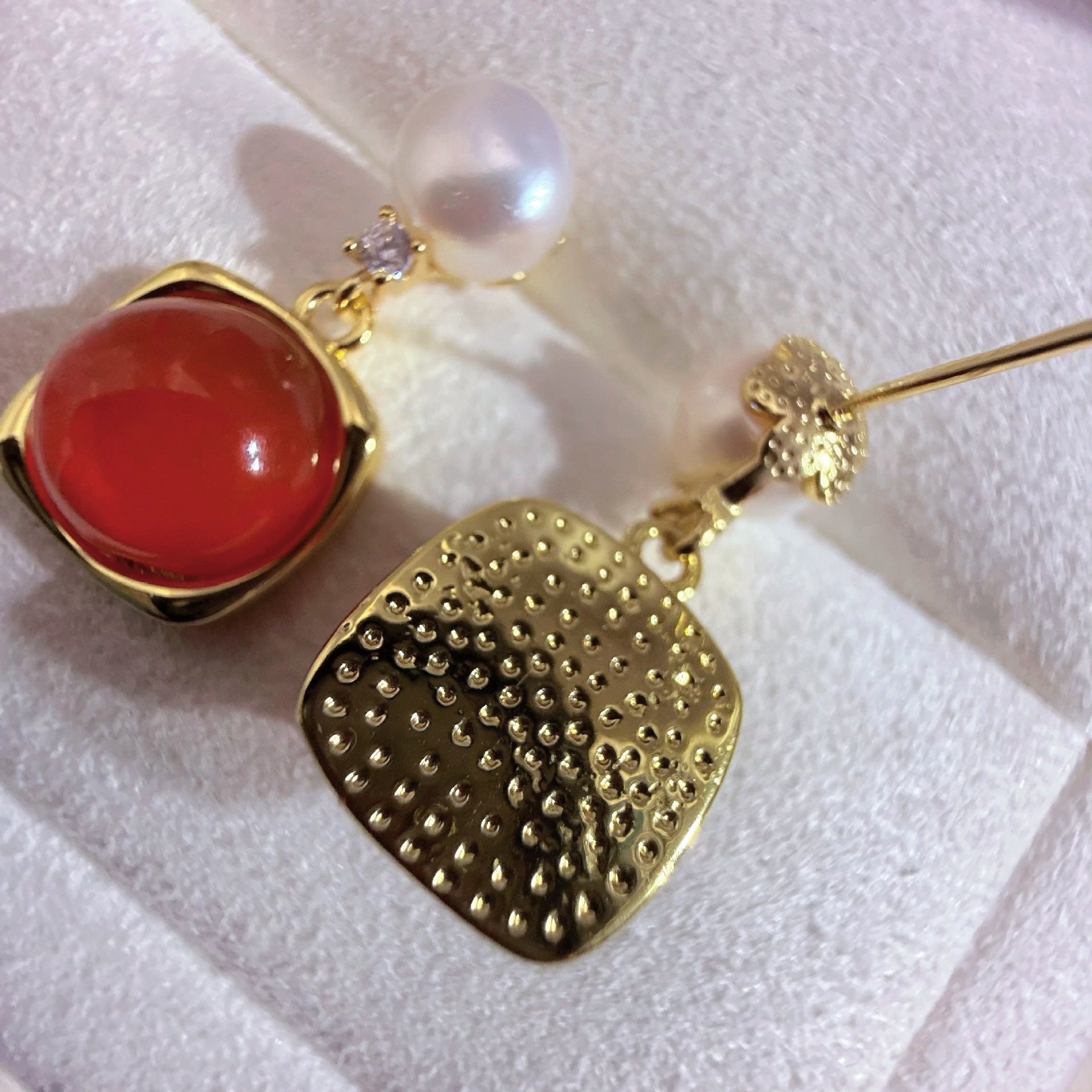 Red Agate Freshwater Pearl Drop Earrings
