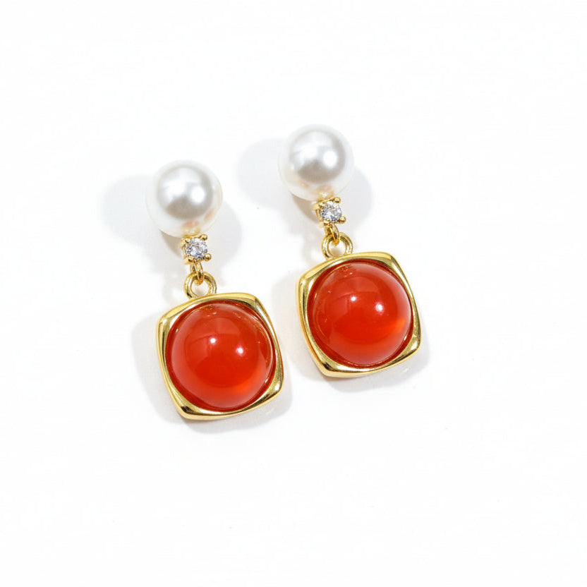 Red Agate Freshwater Pearl Drop Earrings