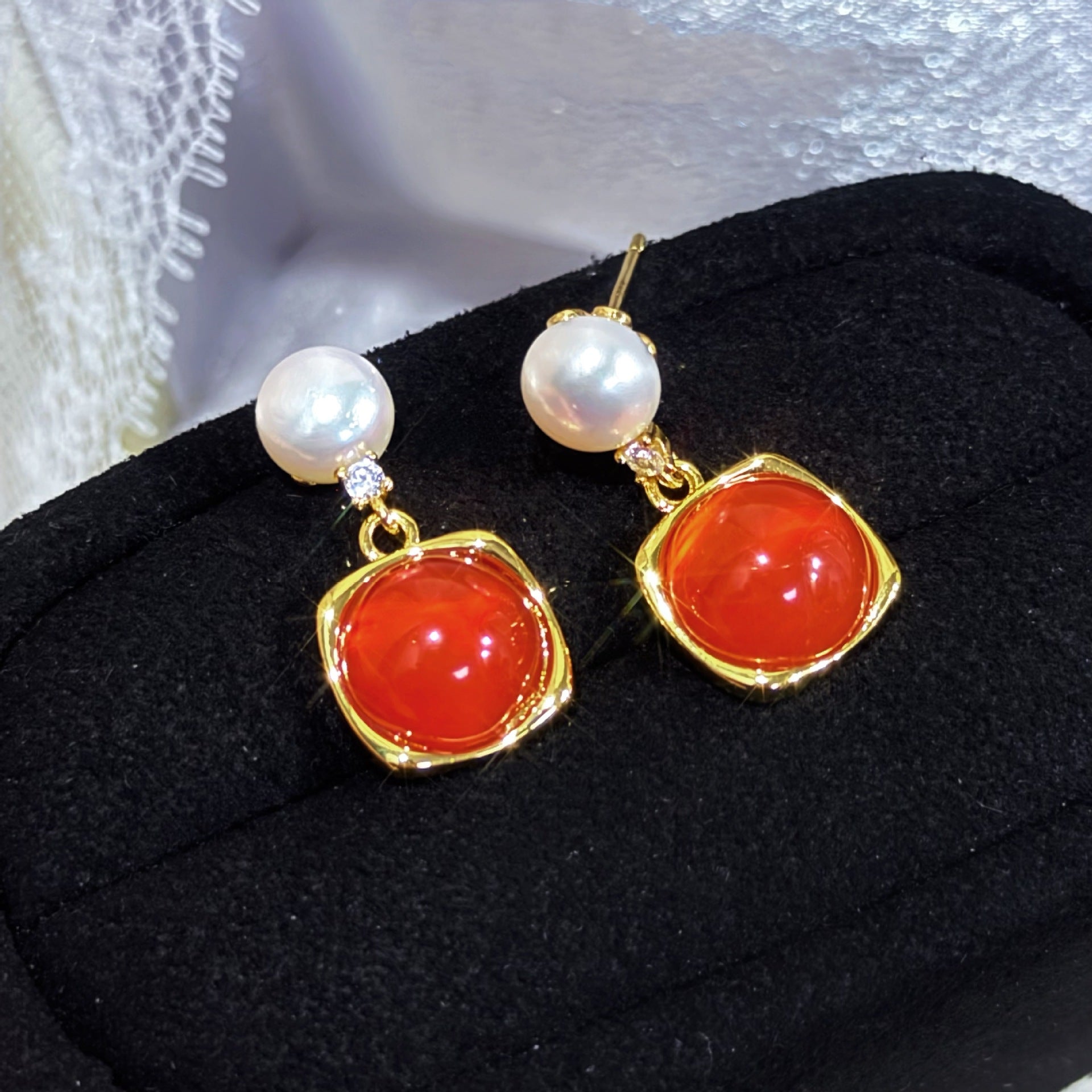 Red Agate Freshwater Pearl Drop Earrings