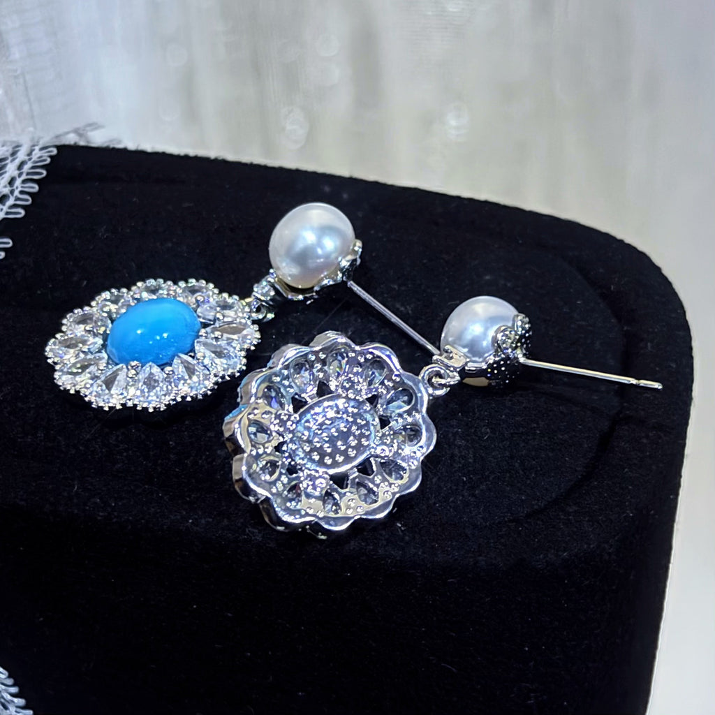 Back view of pearl turquoise drop earrings gold filled