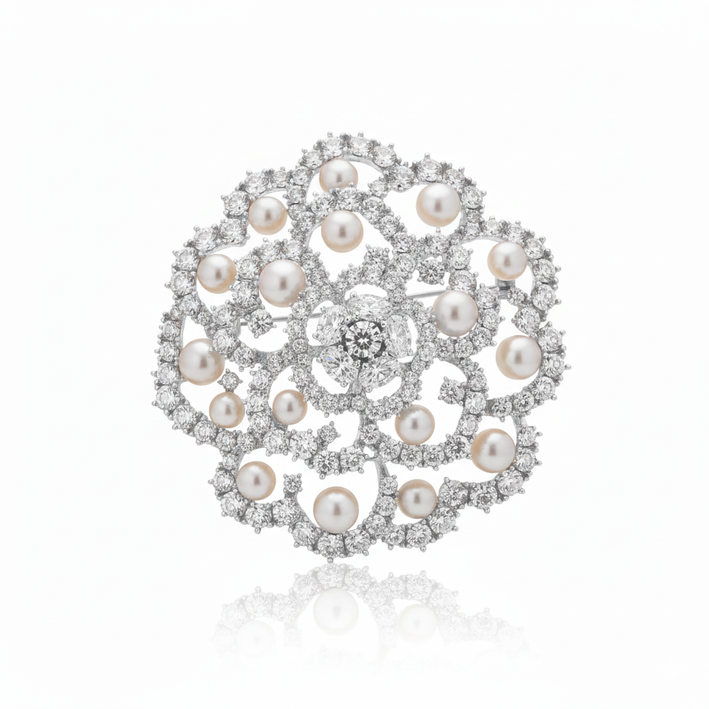 Floral design silver color pearl brooch on white background