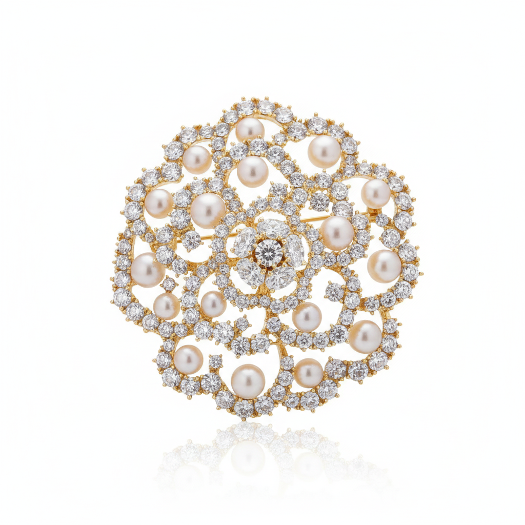 Gold vermeil pearl brooch on white background