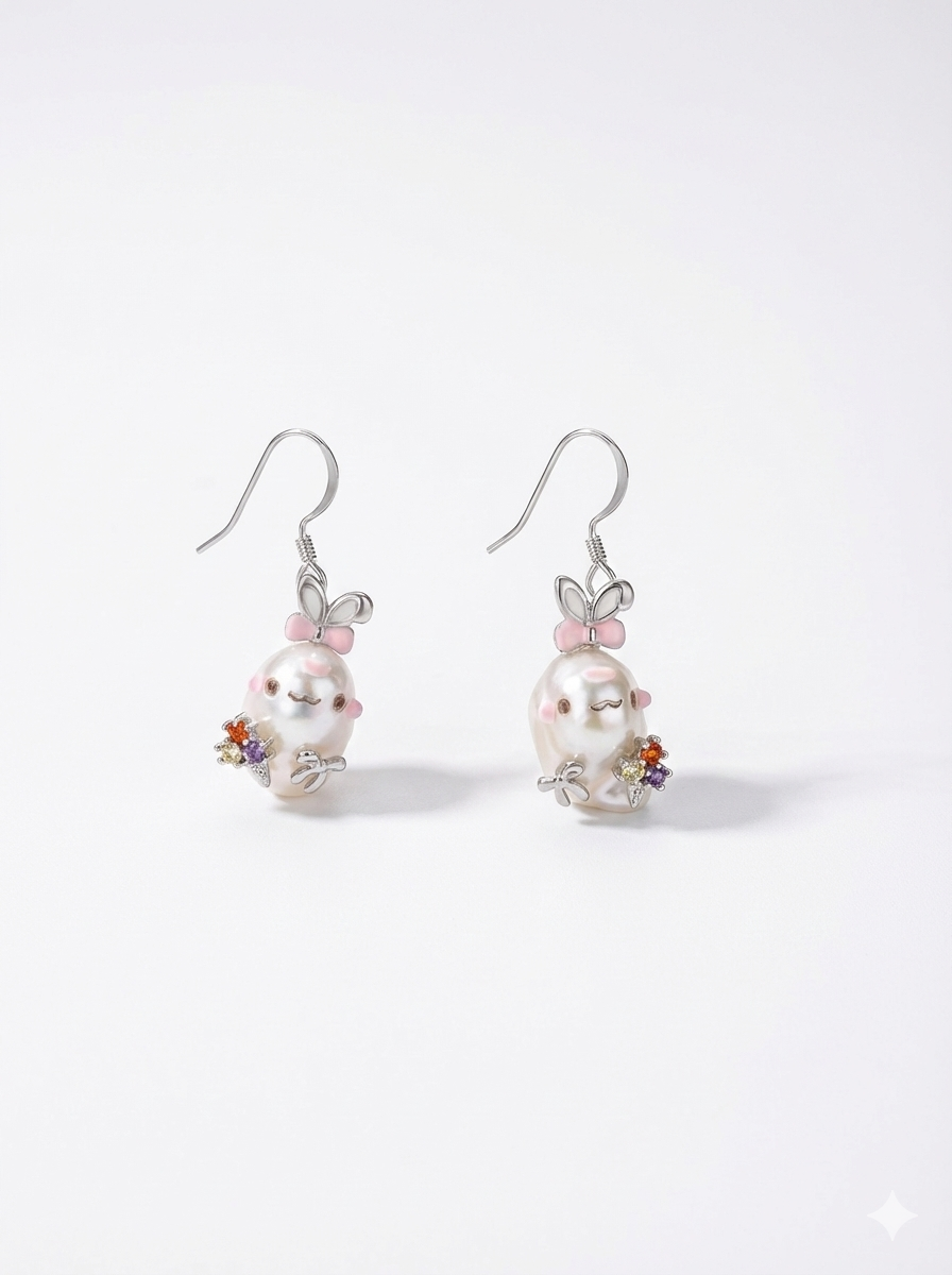 Bunny character baroque pearl earrings handmade design on white background – Zorapearls