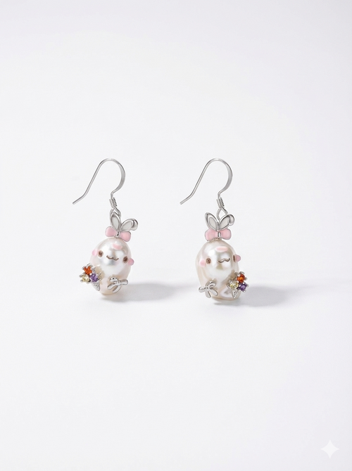 Bunny character baroque pearl earrings handmade design on white background – Zorapearls