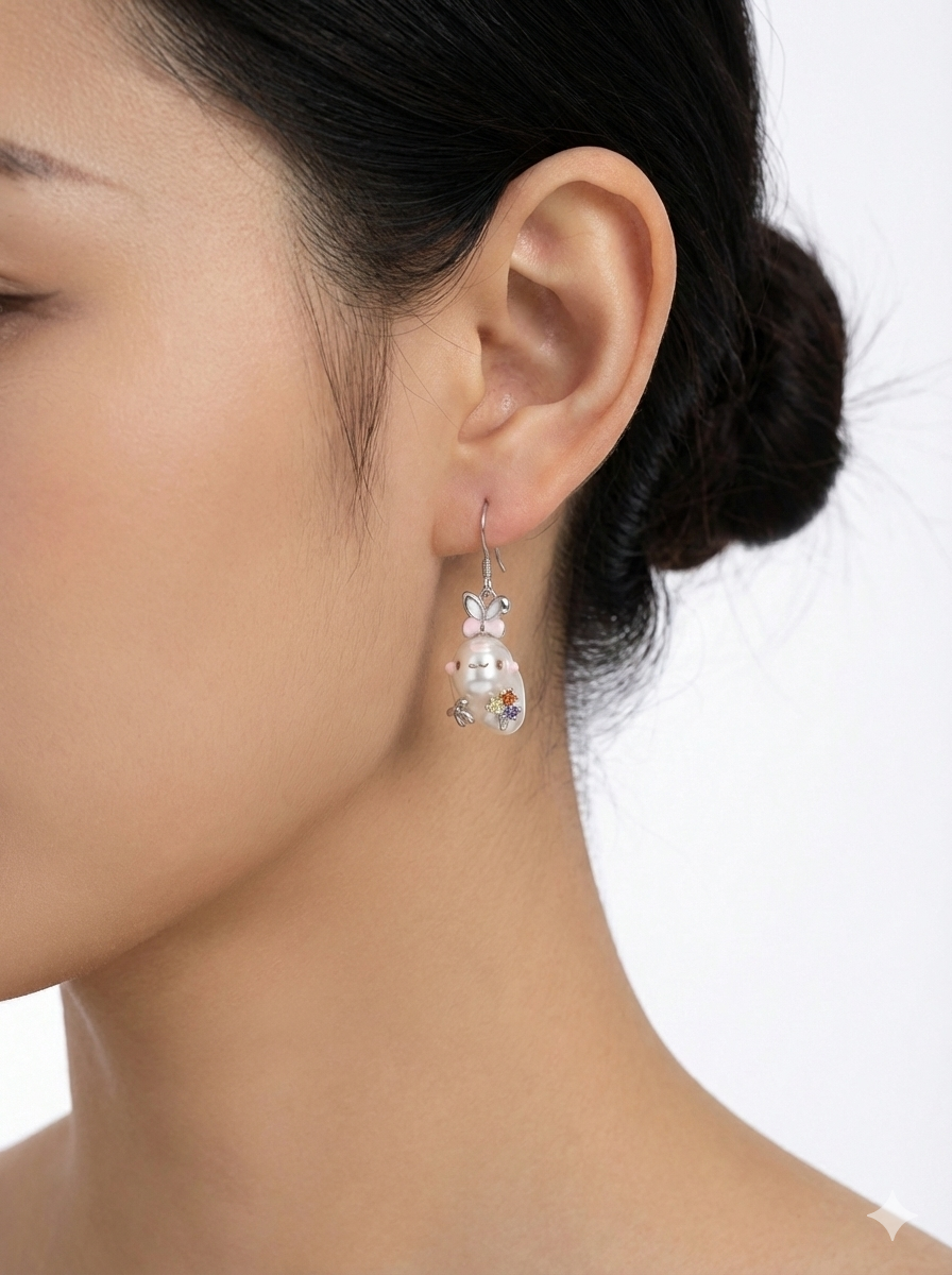 Bunny baroque pearl earrings worn on model handmade jewelry