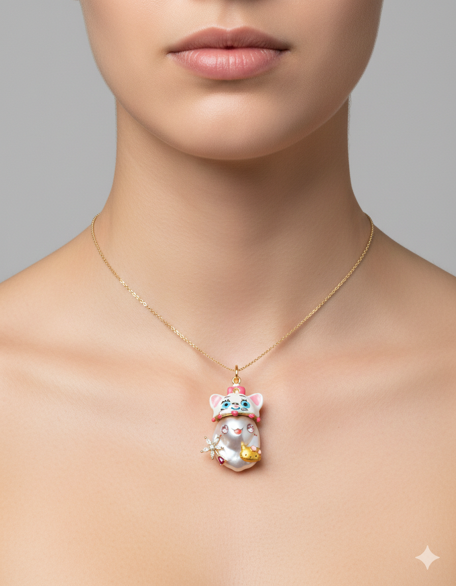 Lucky Cat Baroque Pearl Charm Pendant