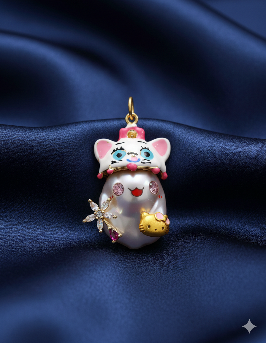Lucky Cat Baroque Pearl Charm Pendant